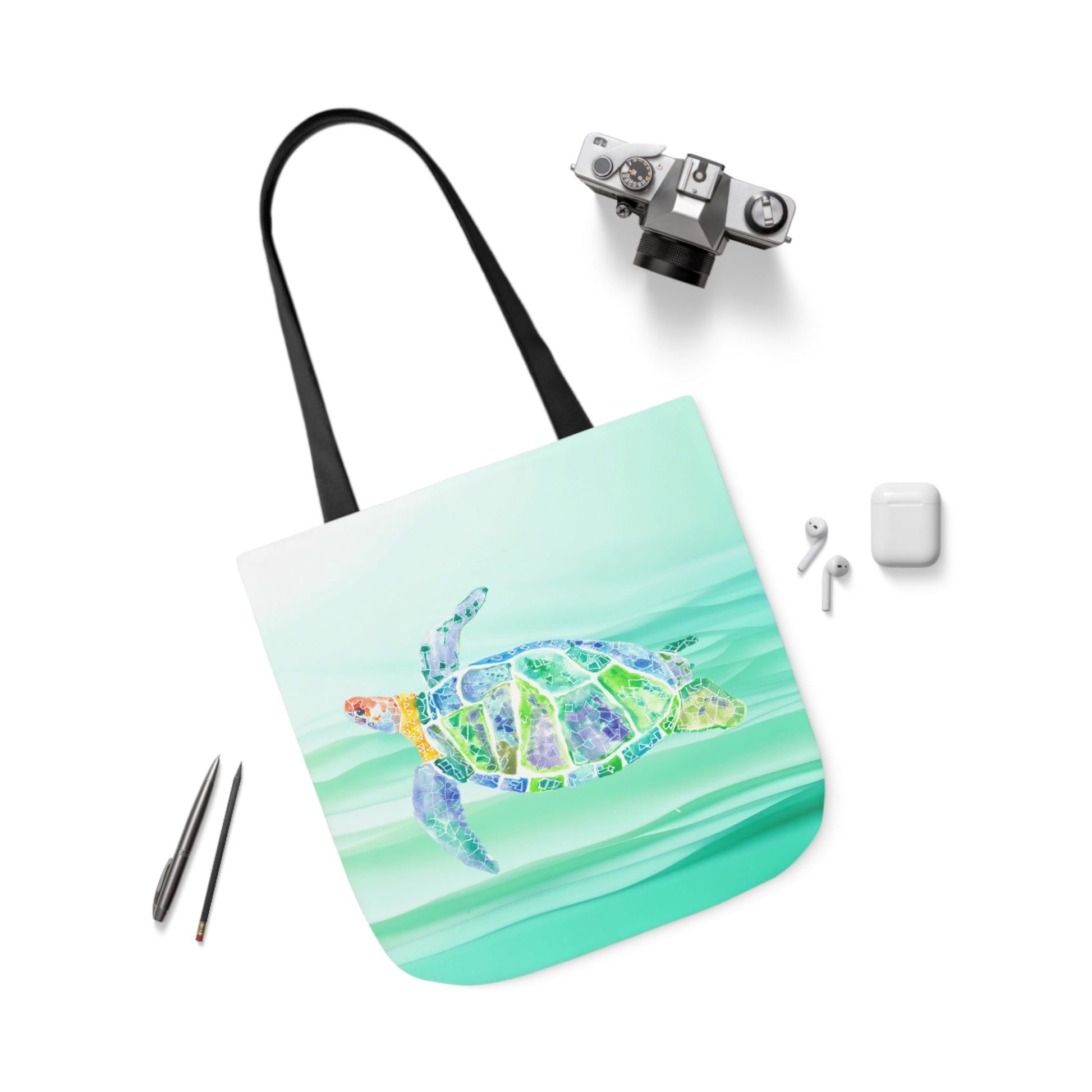 Canvas Tote Bag with Blue and Green Turtle - Artmakeyourmark.com