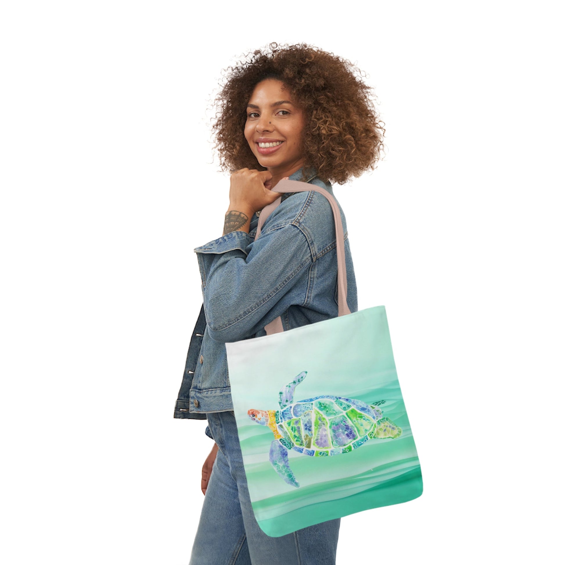 Canvas Tote Bag with Blue and Green Turtle - Artmakeyourmark.com