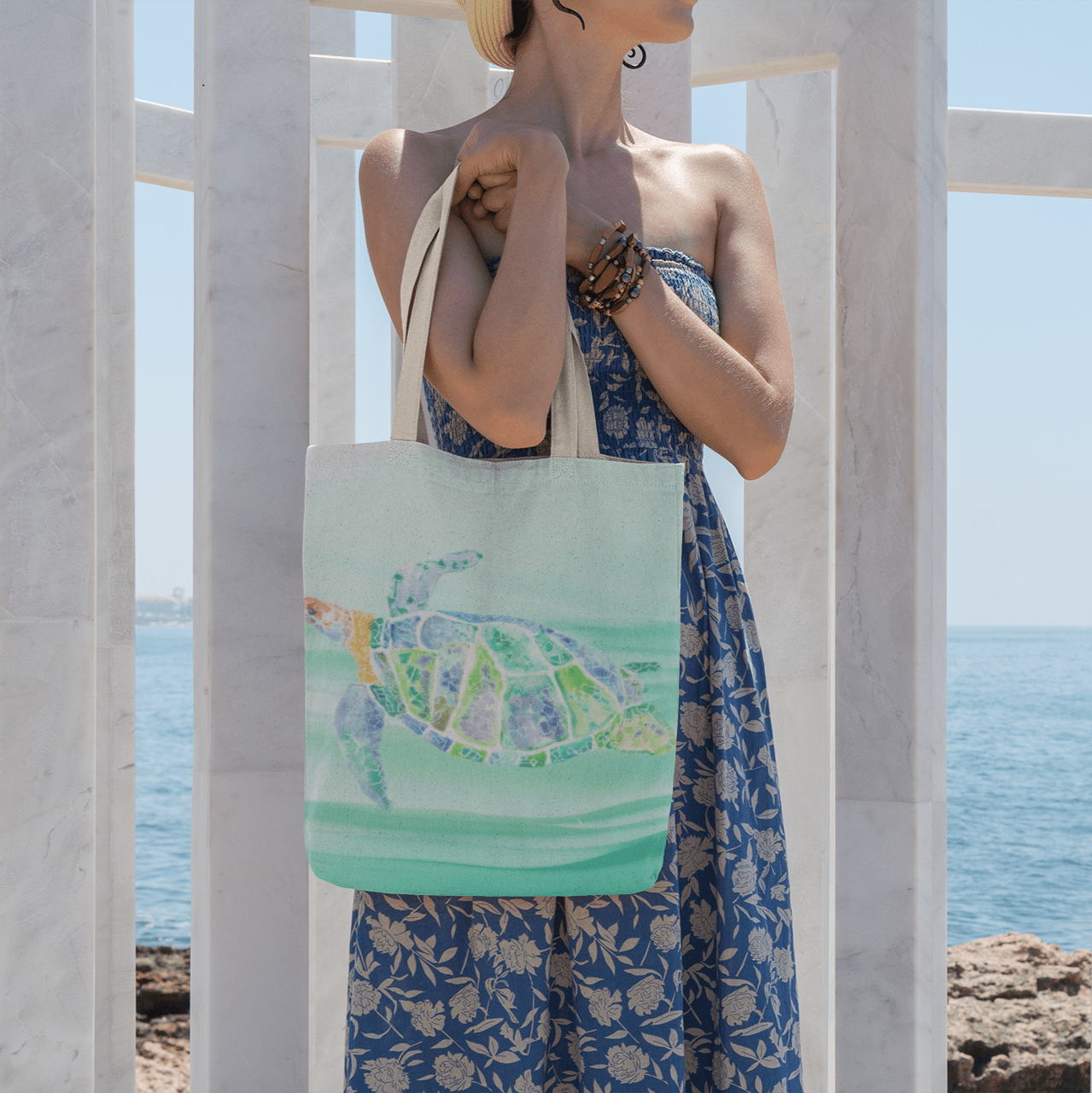 Canvas Tote Bag with Blue and Green Turtle - Artmakeyourmark.com