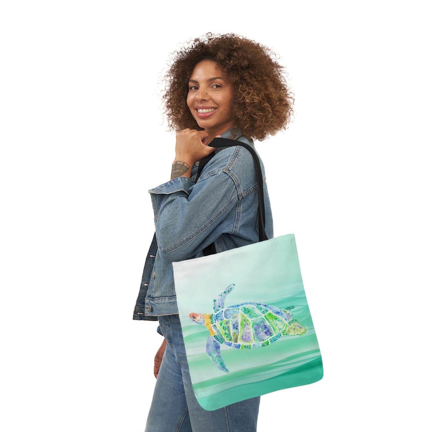 Canvas Tote Bag with Blue and Green Turtle - Artmakeyourmark.com