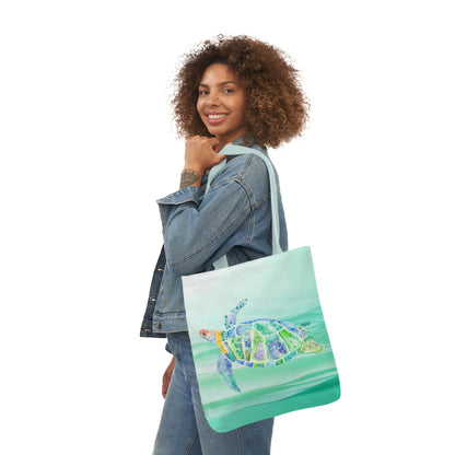 Canvas Tote Bag with Blue and Green Turtle - Artmakeyourmark.com