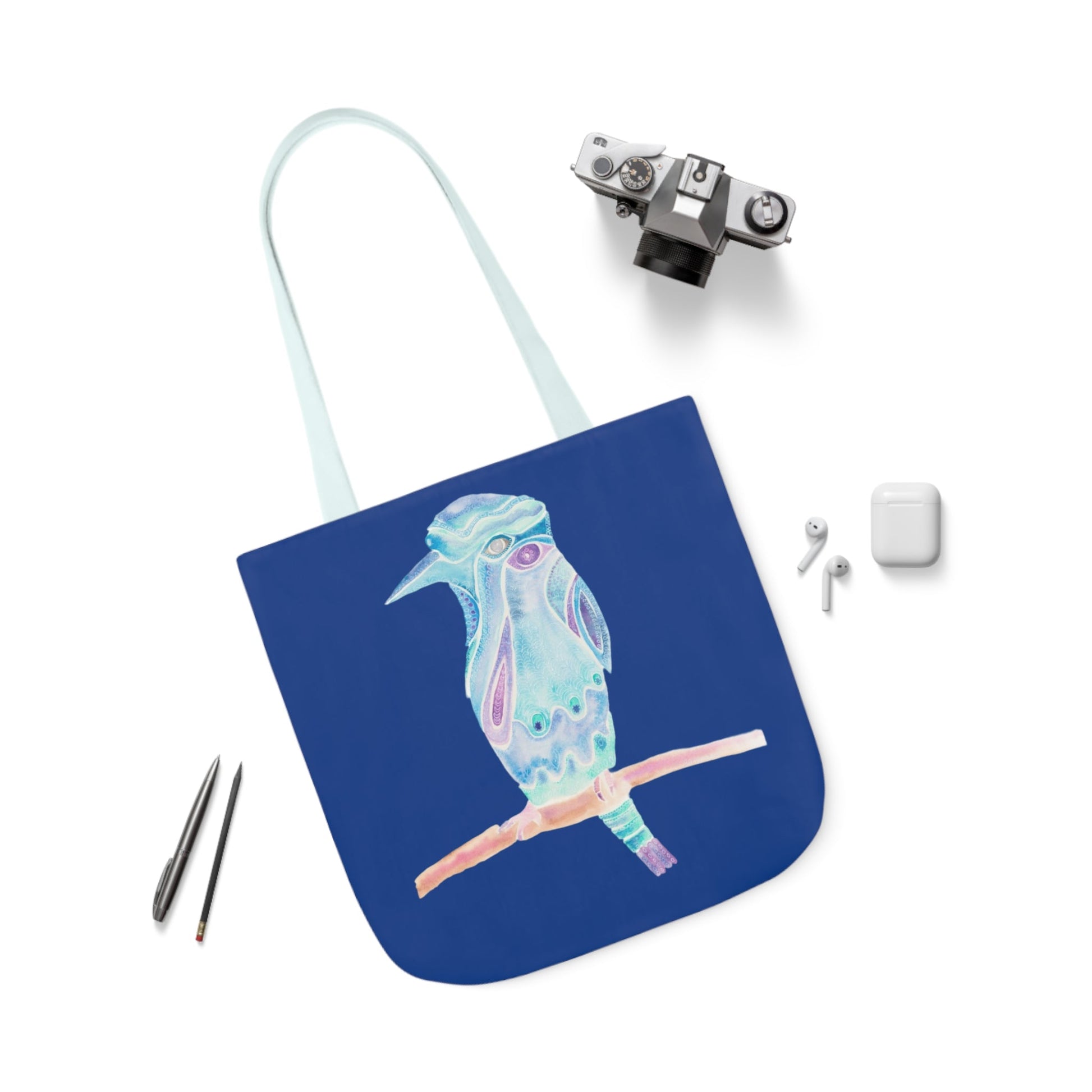 Canvas Tote Bag with Blue Patterned Bird - Artmakeyourmark.com