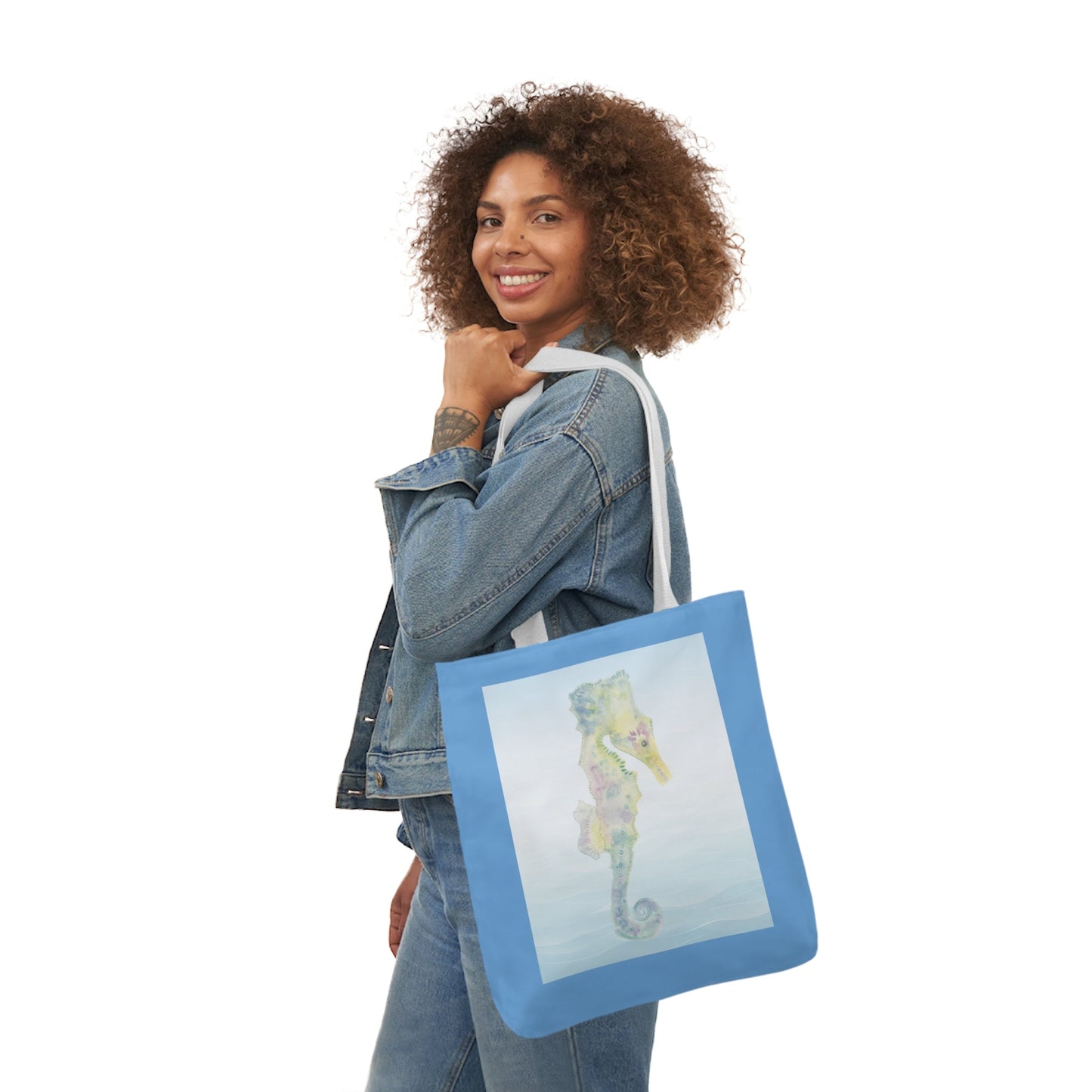 Canvas Tote Bag with Blue Seahorse - Artmakeyourmark.com