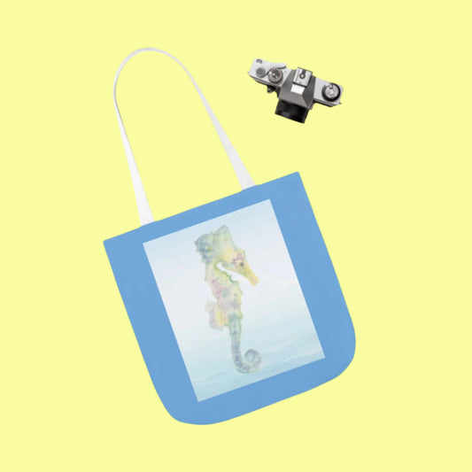 Canvas Tote Bag with Blue Seahorse - Artmakeyourmark.com