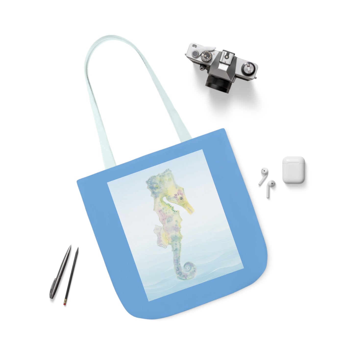 Canvas Tote Bag with Blue Seahorse - Artmakeyourmark.com