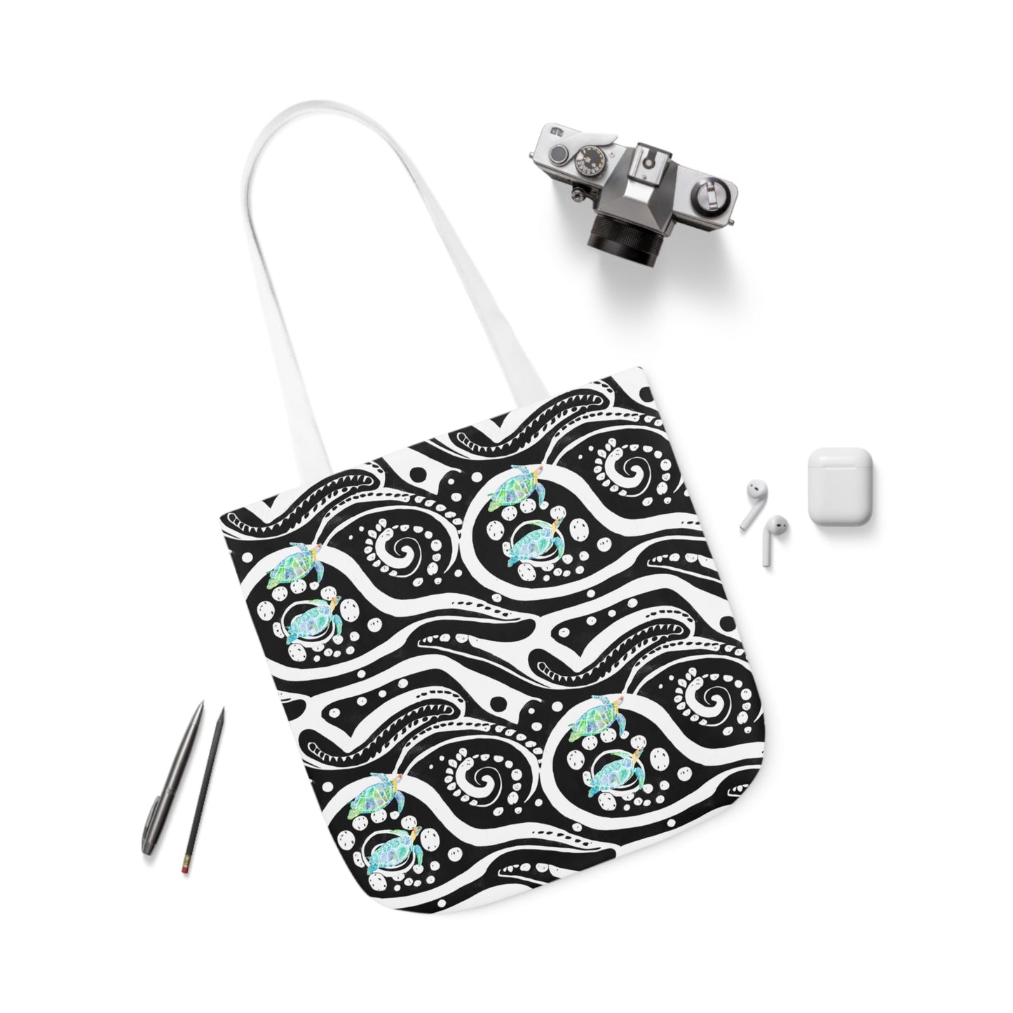 Canvas Tote Bag with Blue Turtles - Artmakeyourmark.com