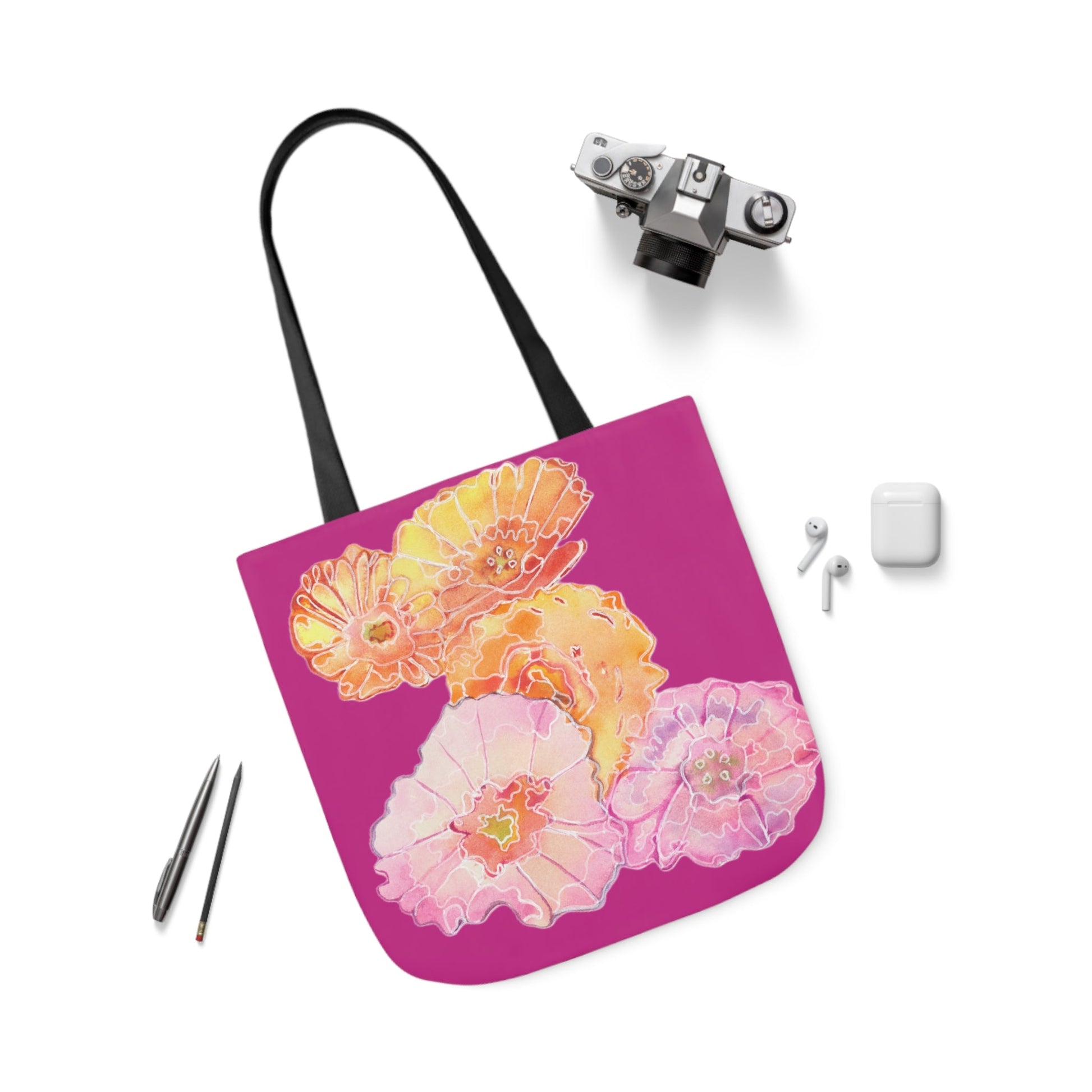 Canvas Tote Bag with Colourful Poppies on Pink - Artmakeyourmark.com