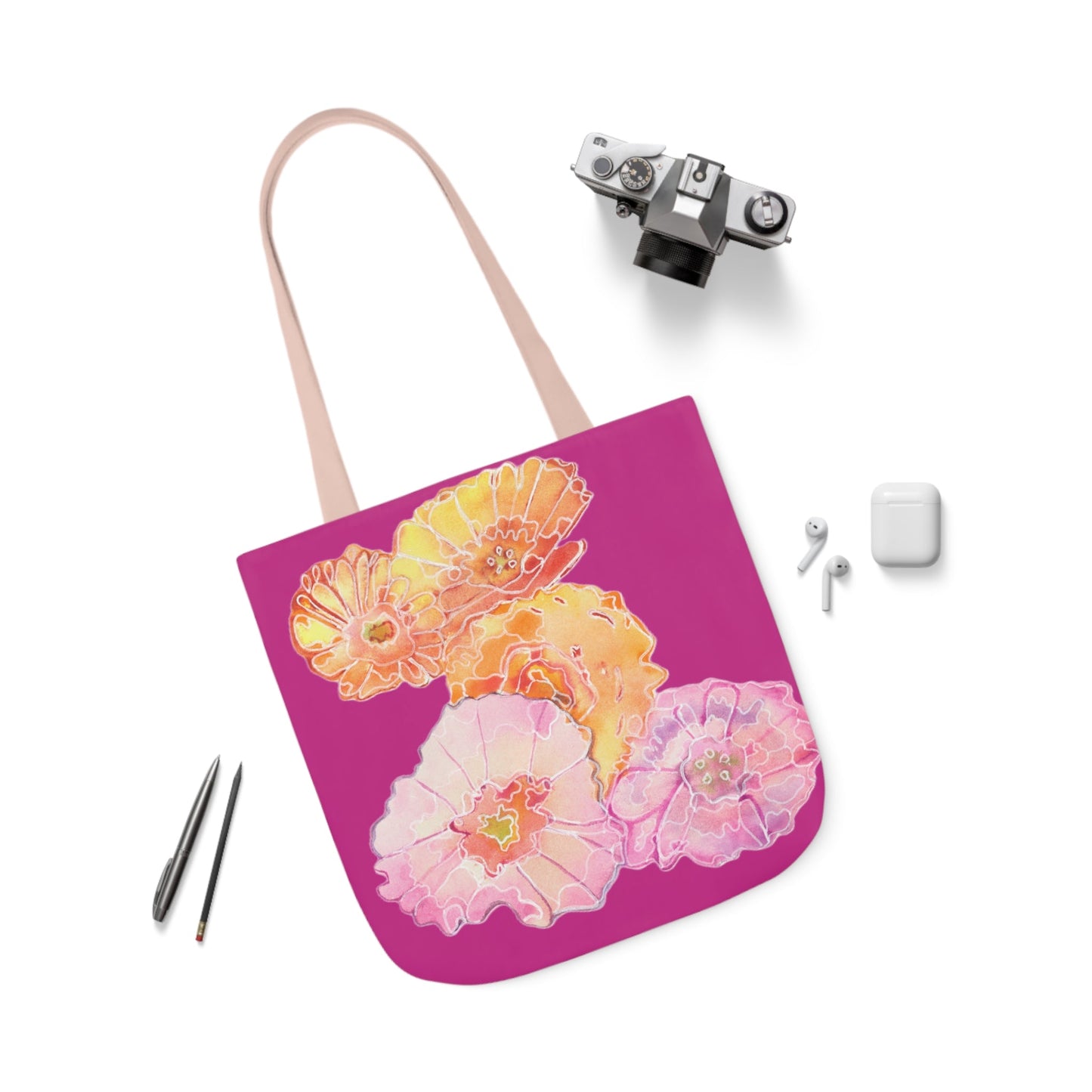 Canvas Tote Bag with Colourful Poppies on Pink - Artmakeyourmark.com