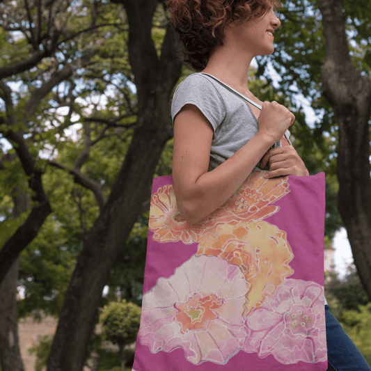 Canvas Tote Bag with Colourful Poppies on Pink - Artmakeyourmark.com