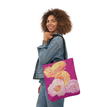 Canvas Tote Bag with Colourful Poppies on Pink - Artmakeyourmark.com