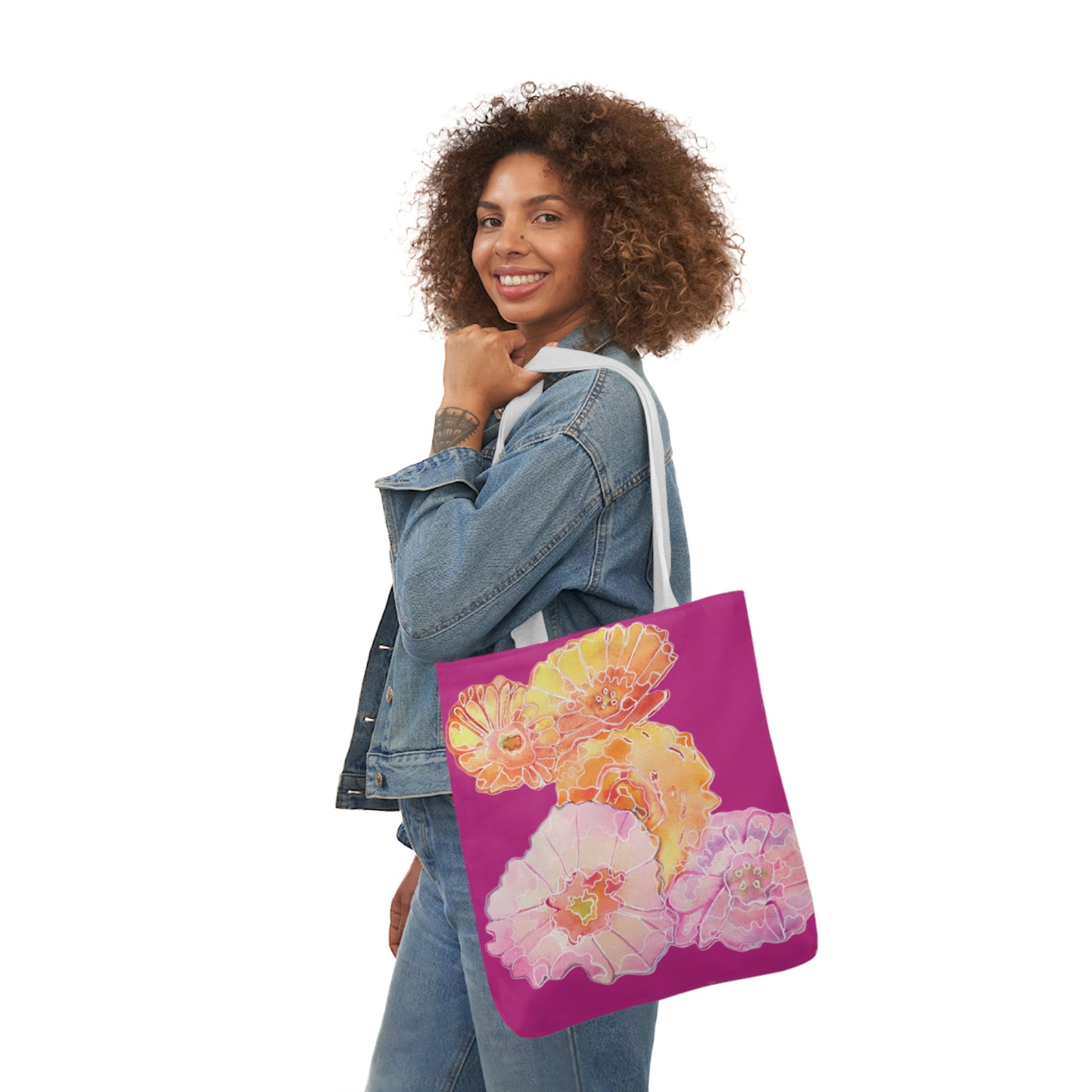 Canvas Tote Bag with Colourful Poppies on Pink - Artmakeyourmark.com