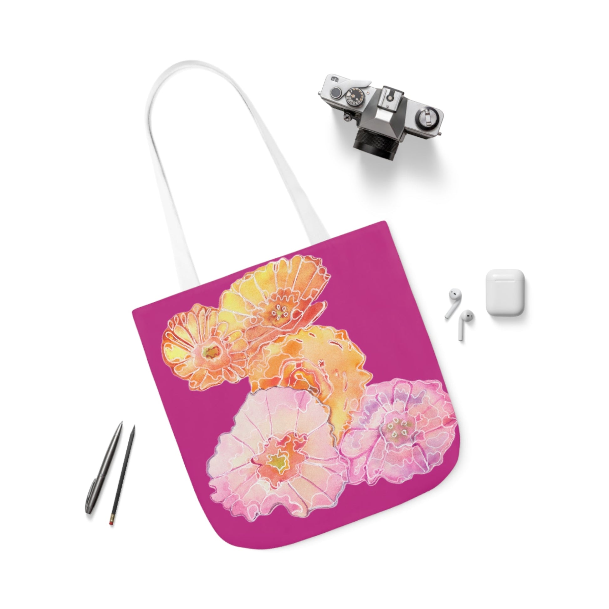 Canvas Tote Bag with Colourful Poppies on Pink - Artmakeyourmark.com