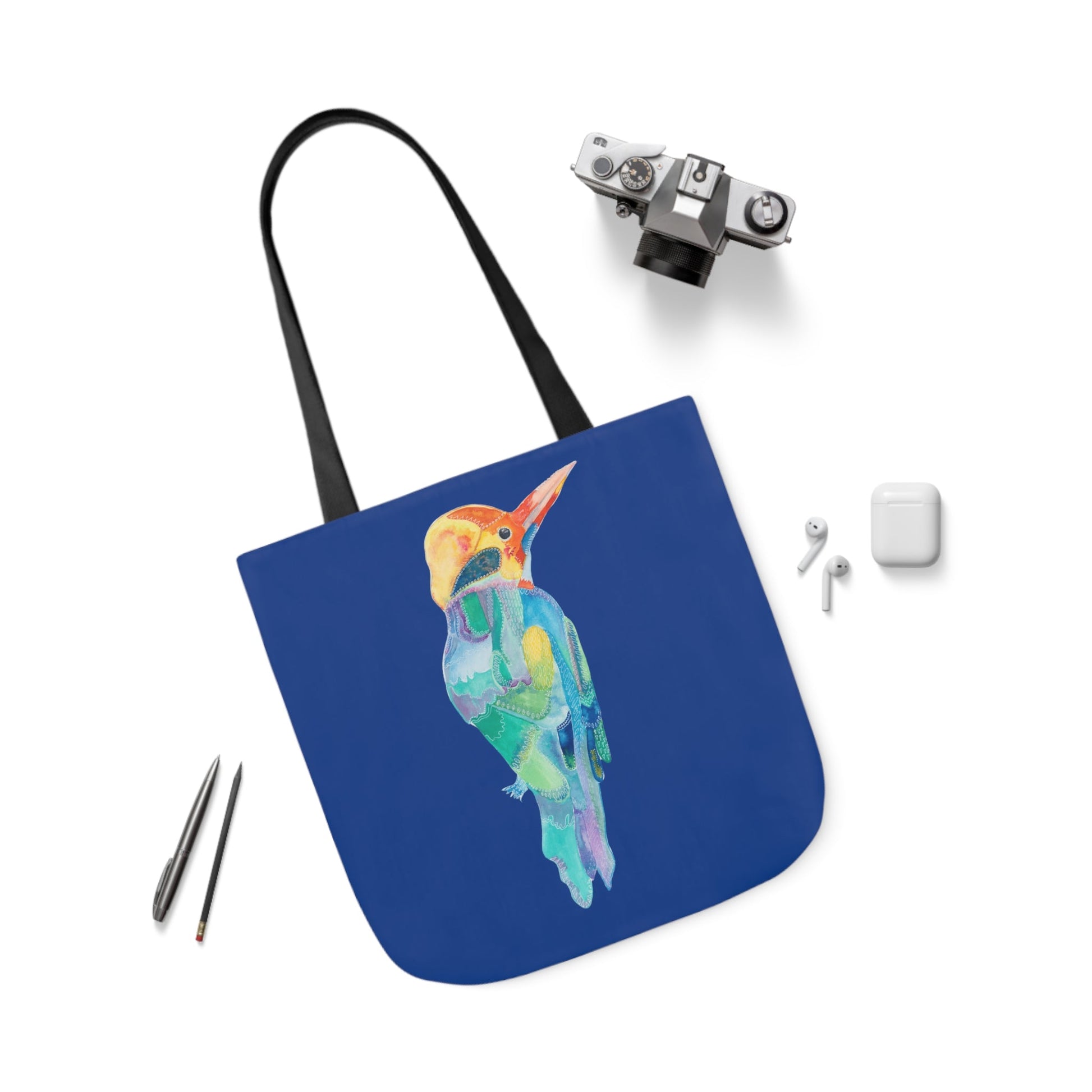 Canvas Tote Bag with Dark Blue Patterned Bird - Artmakeyourmark.com