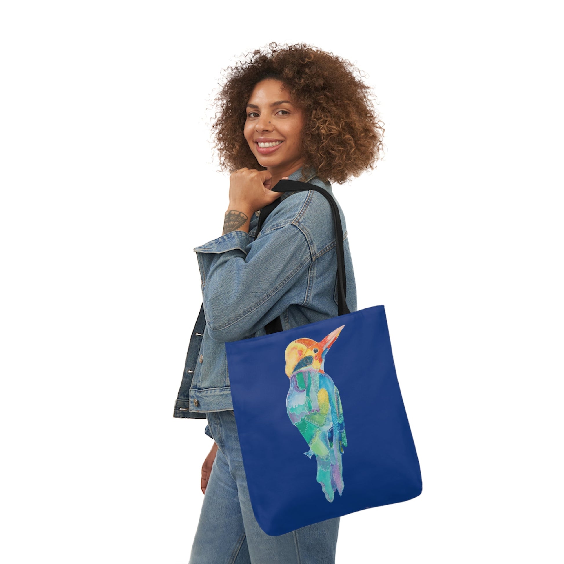 Canvas Tote Bag with Dark Blue Patterned Bird - Artmakeyourmark.com