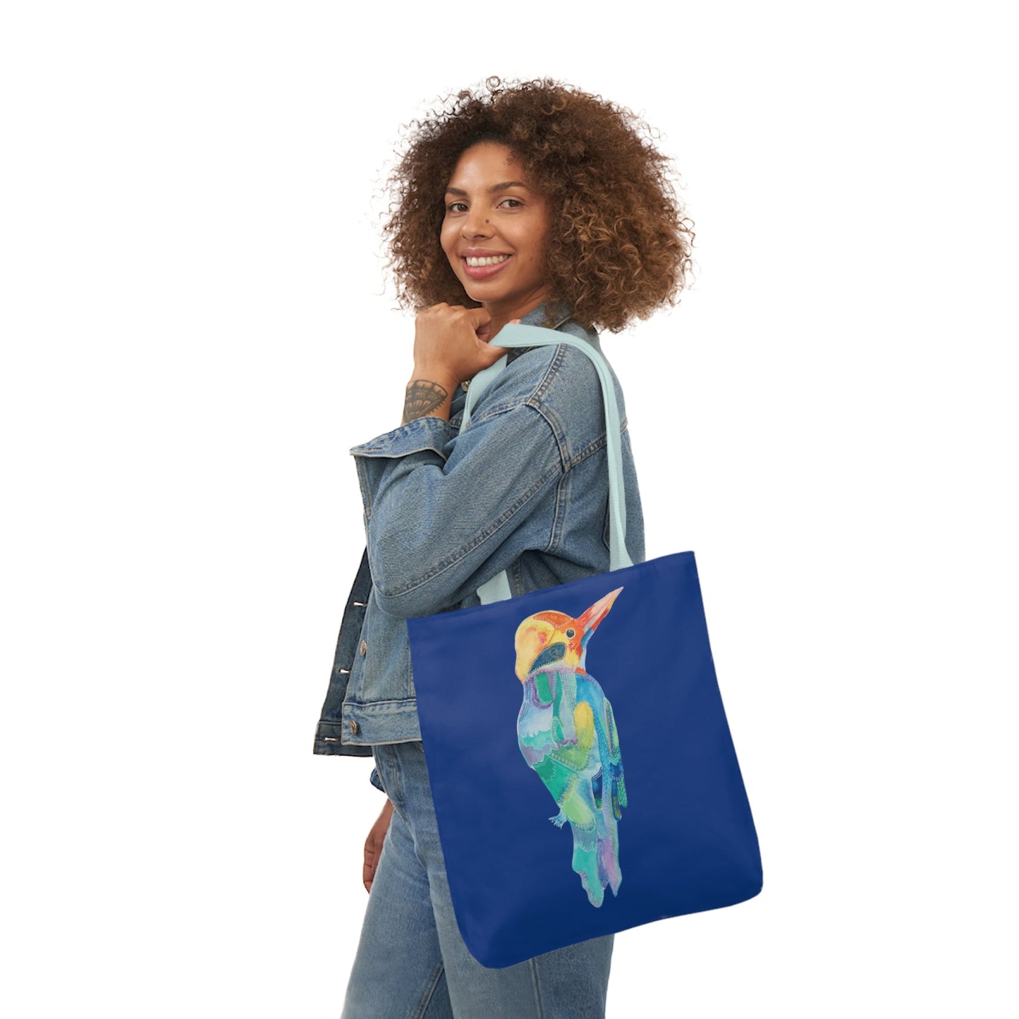 Canvas Tote Bag with Dark Blue Patterned Bird - Artmakeyourmark.com