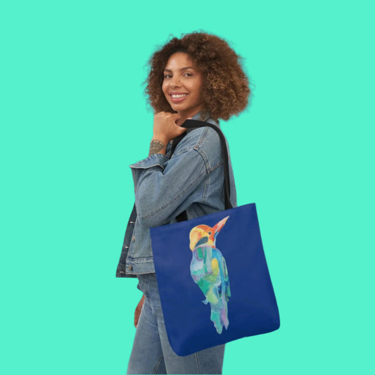 Canvas Tote Bag with Dark Blue Patterned Bird - Artmakeyourmark.com