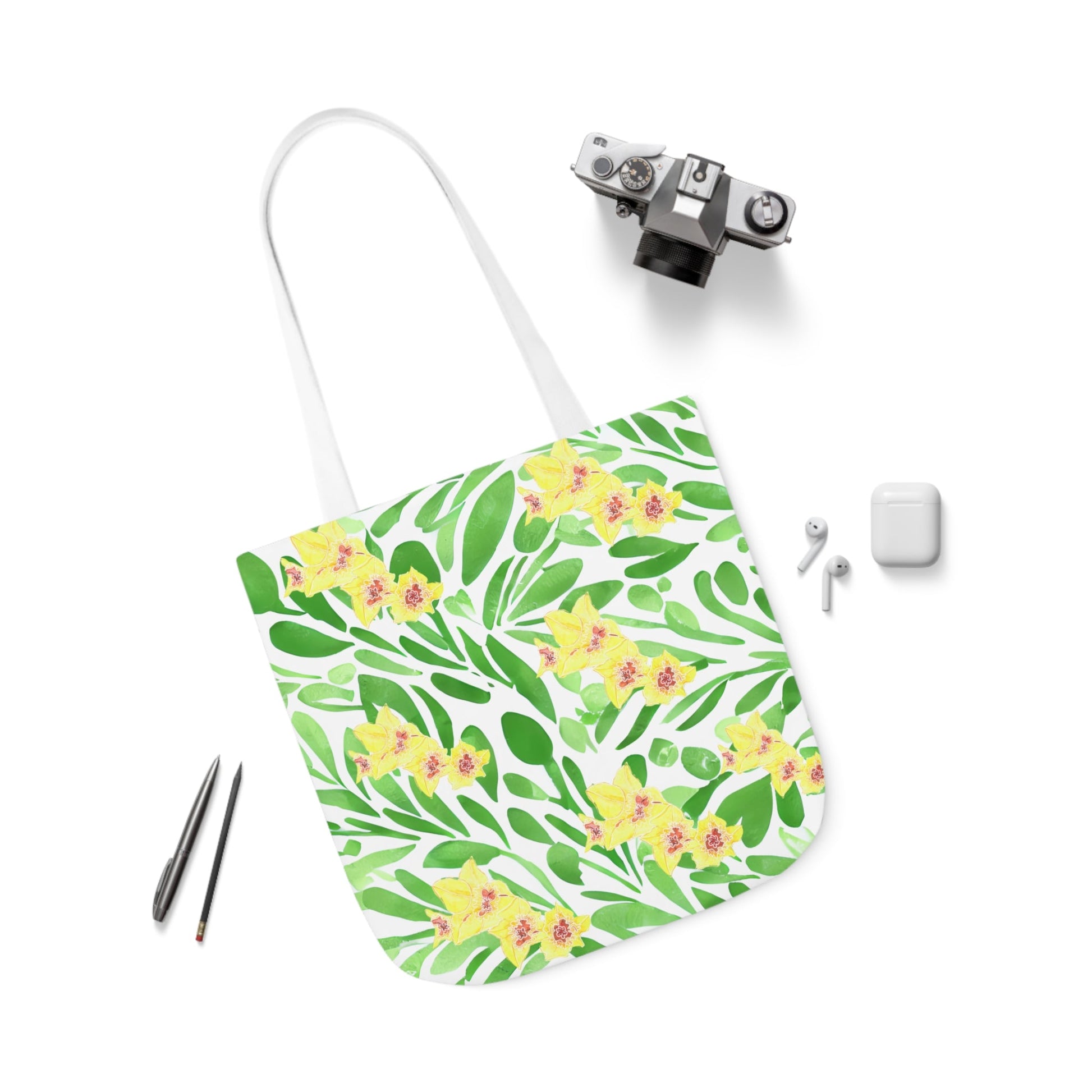 Canvas Tote Bag with Green Leaves and Yellow Gladioli - Artmakeyourmark.com