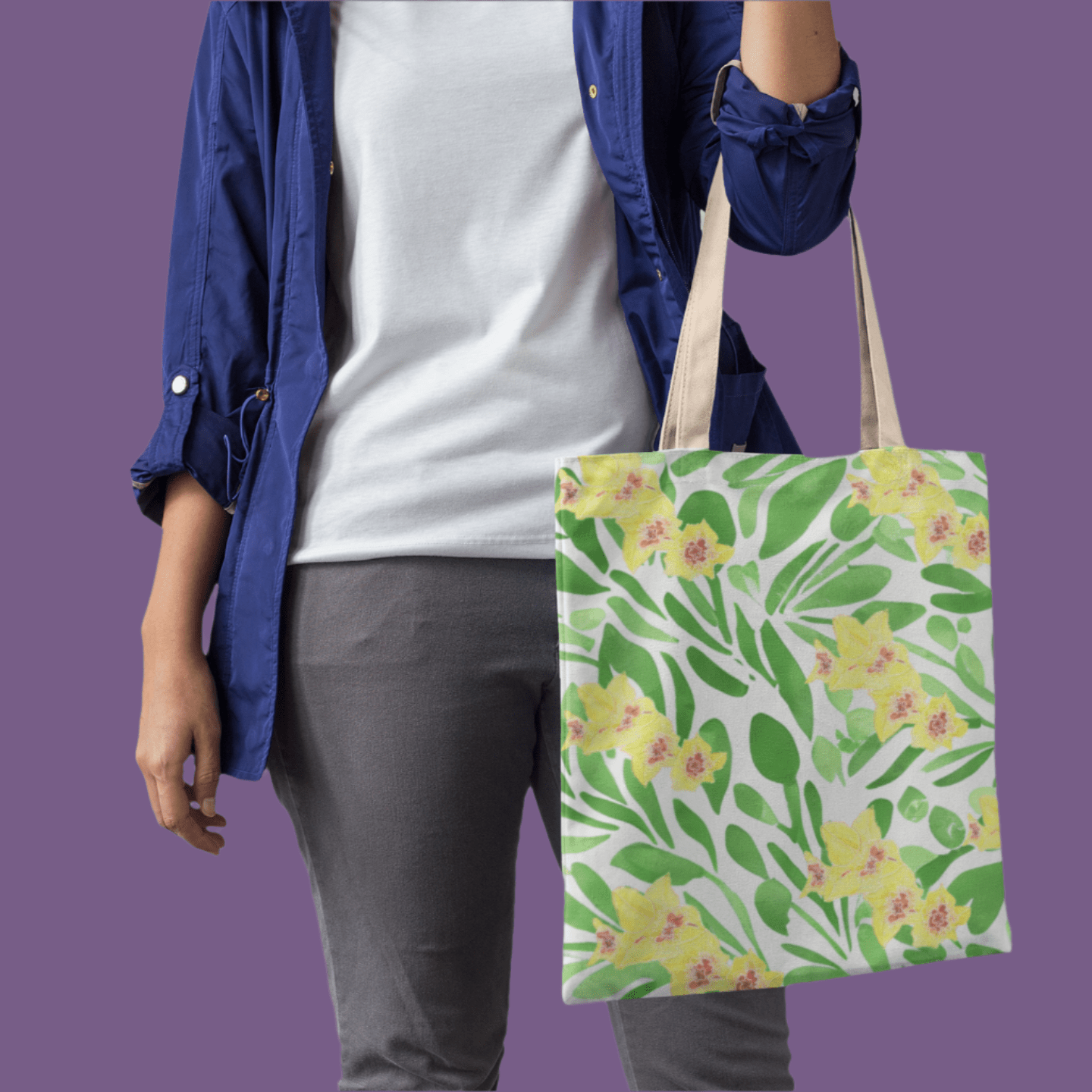 Canvas Tote Bag with Green Leaves and Yellow Gladioli - Artmakeyourmark.com