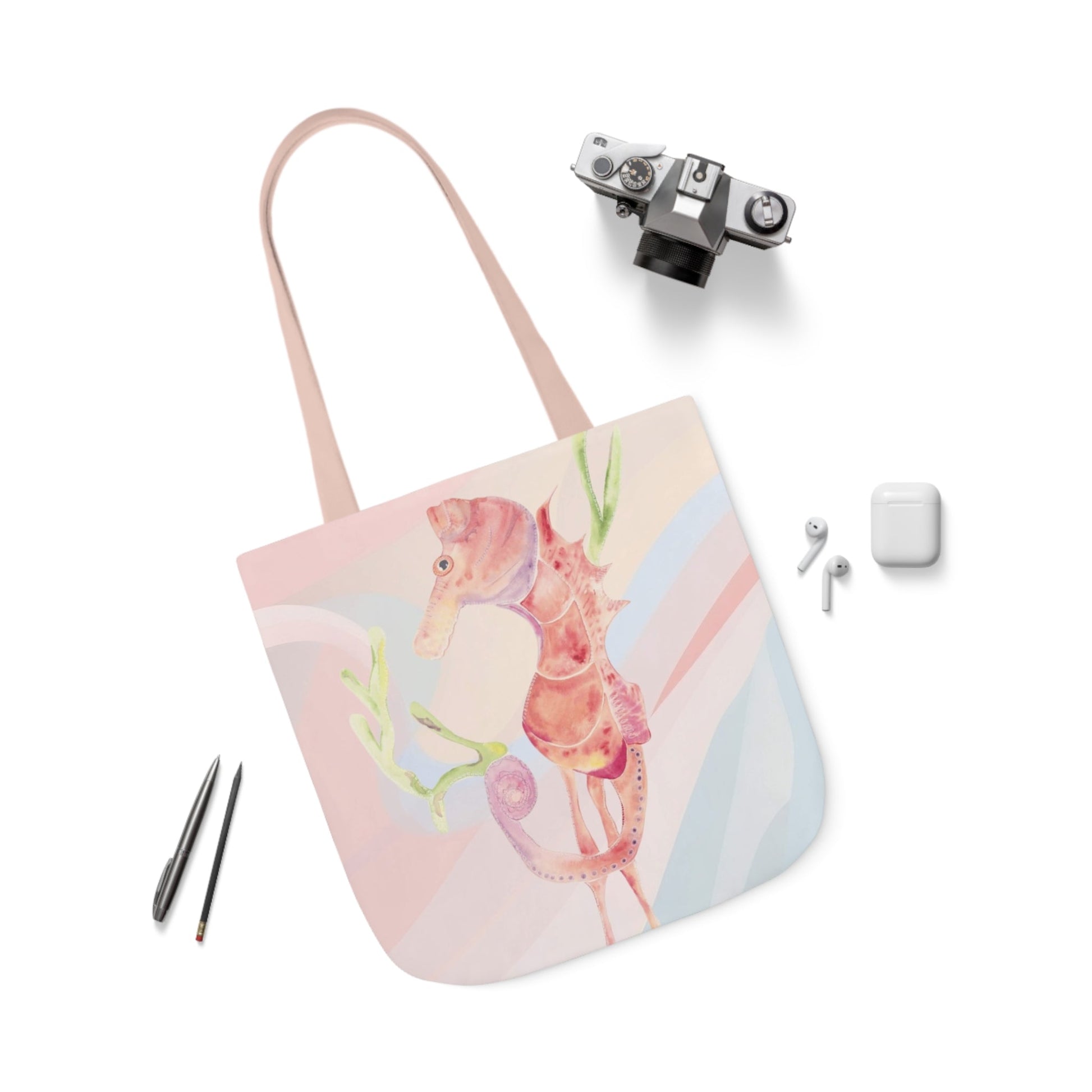 Canvas Tote Bag with Orange Seahorse - Artmakeyourmark.com