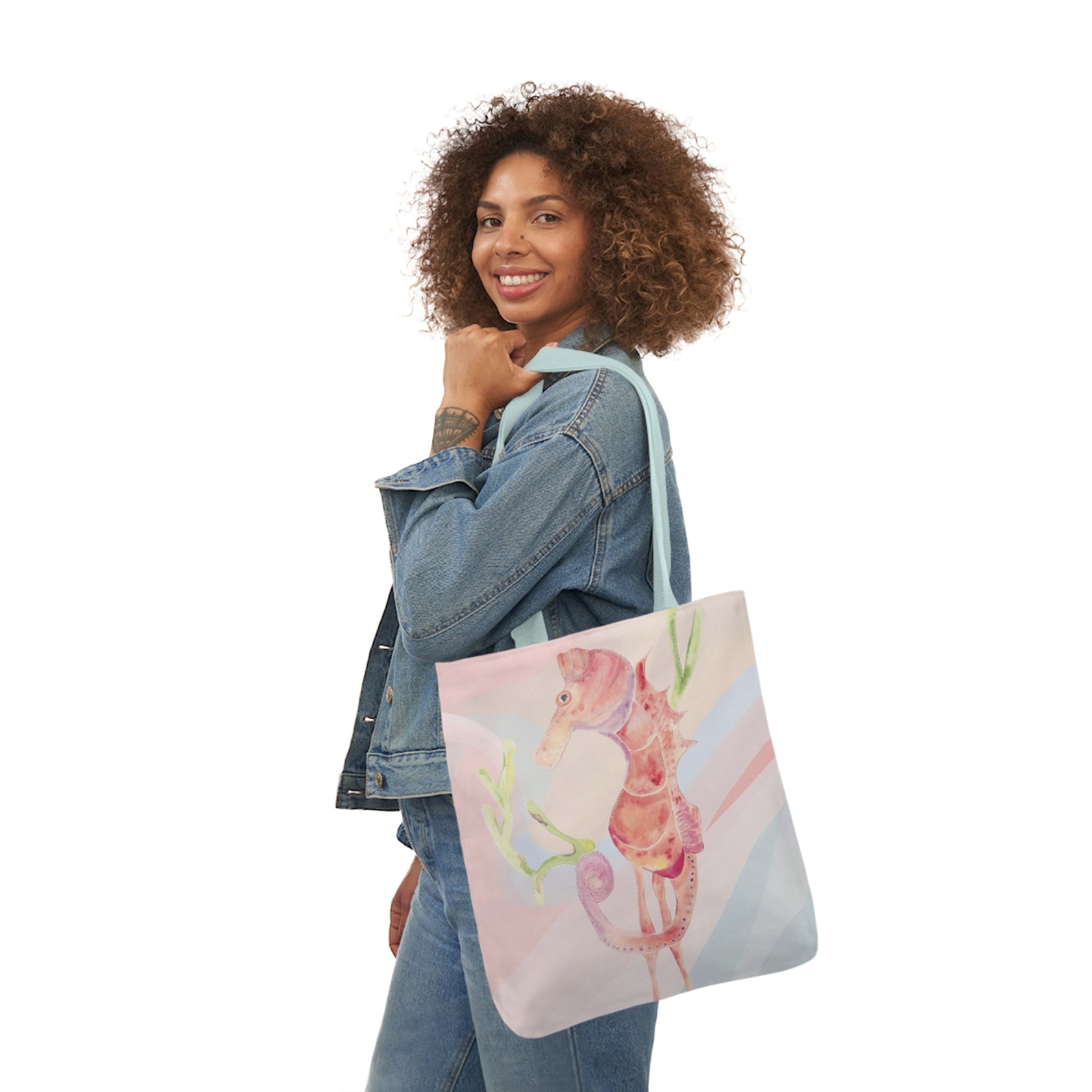 Canvas Tote Bag with Orange Seahorse - Artmakeyourmark.com