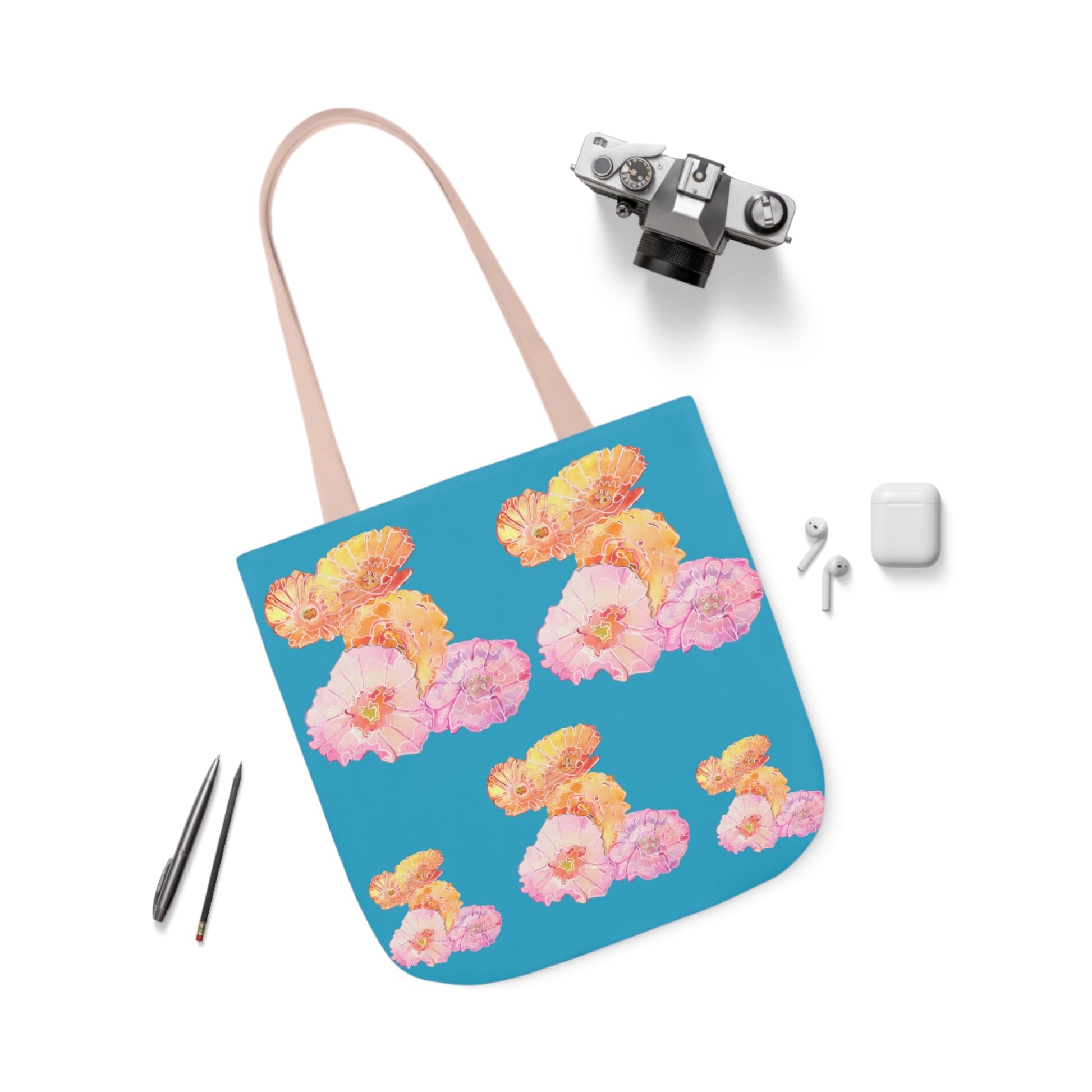 Canvas Tote Bag with Pink and Orange Poppies - Artmakeyourmark.com