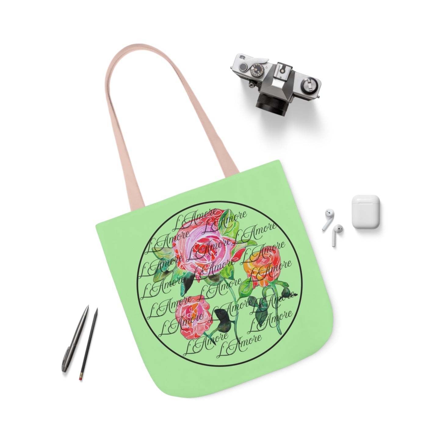 Canvas Tote Bag with Roses and L'Amore - Artmakeyourmark.com