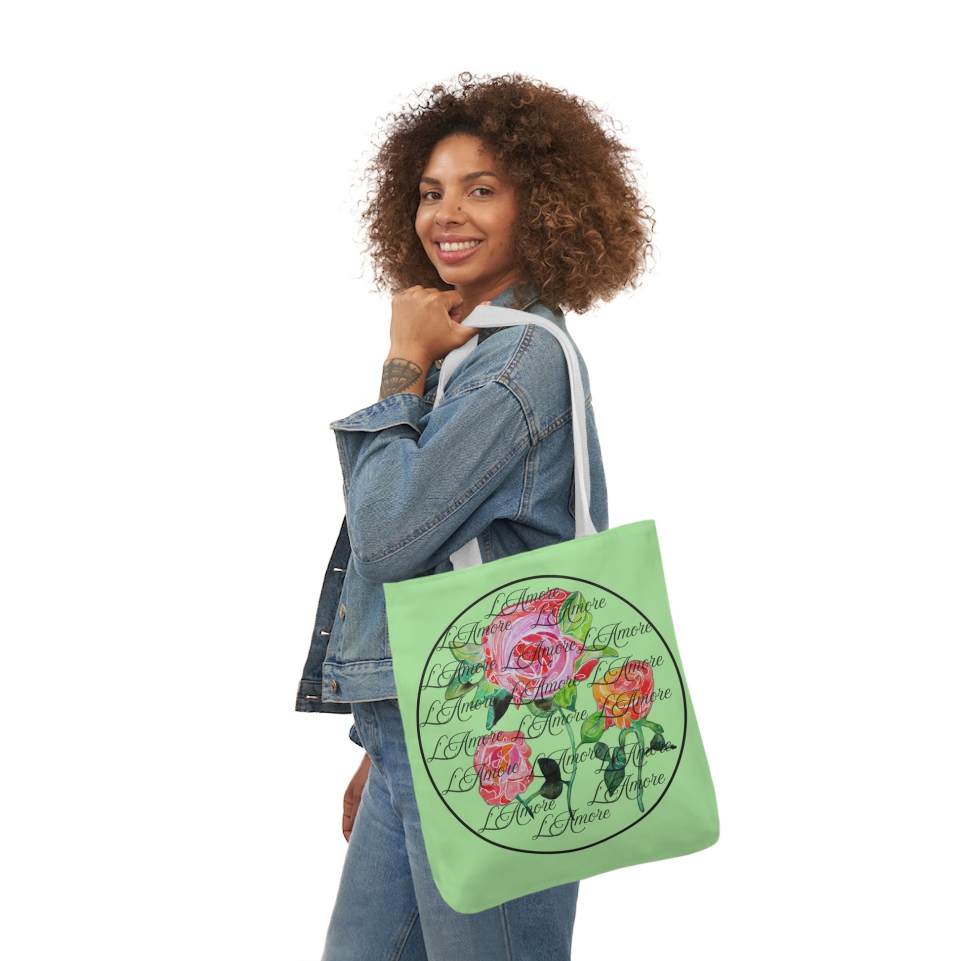 Canvas Tote Bag with Roses and L'Amore - Artmakeyourmark.com