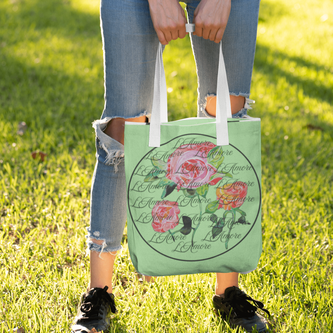 Canvas Tote Bag with Roses and L'Amore - Artmakeyourmark.com