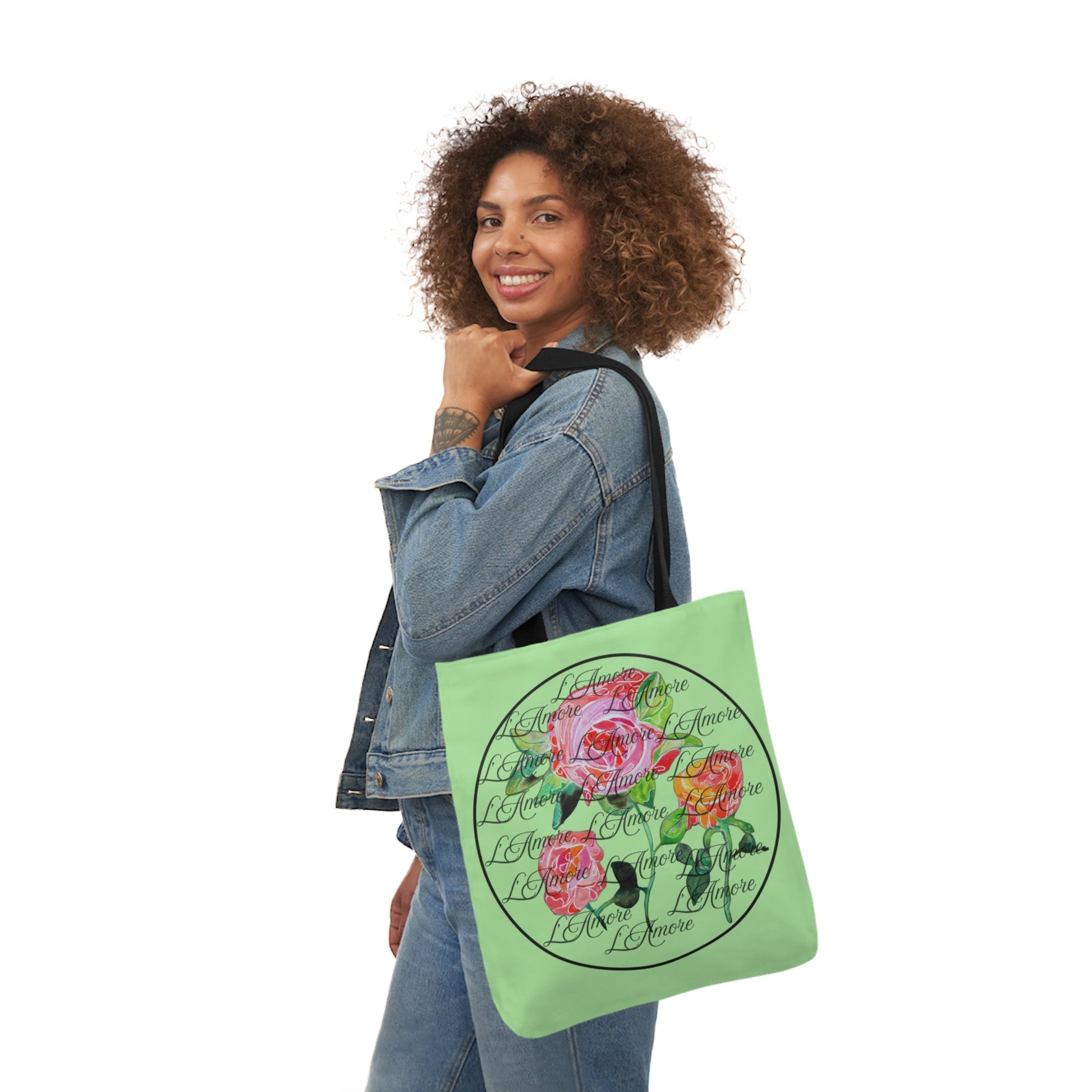 Canvas Tote Bag with Roses and L'Amore - Artmakeyourmark.com