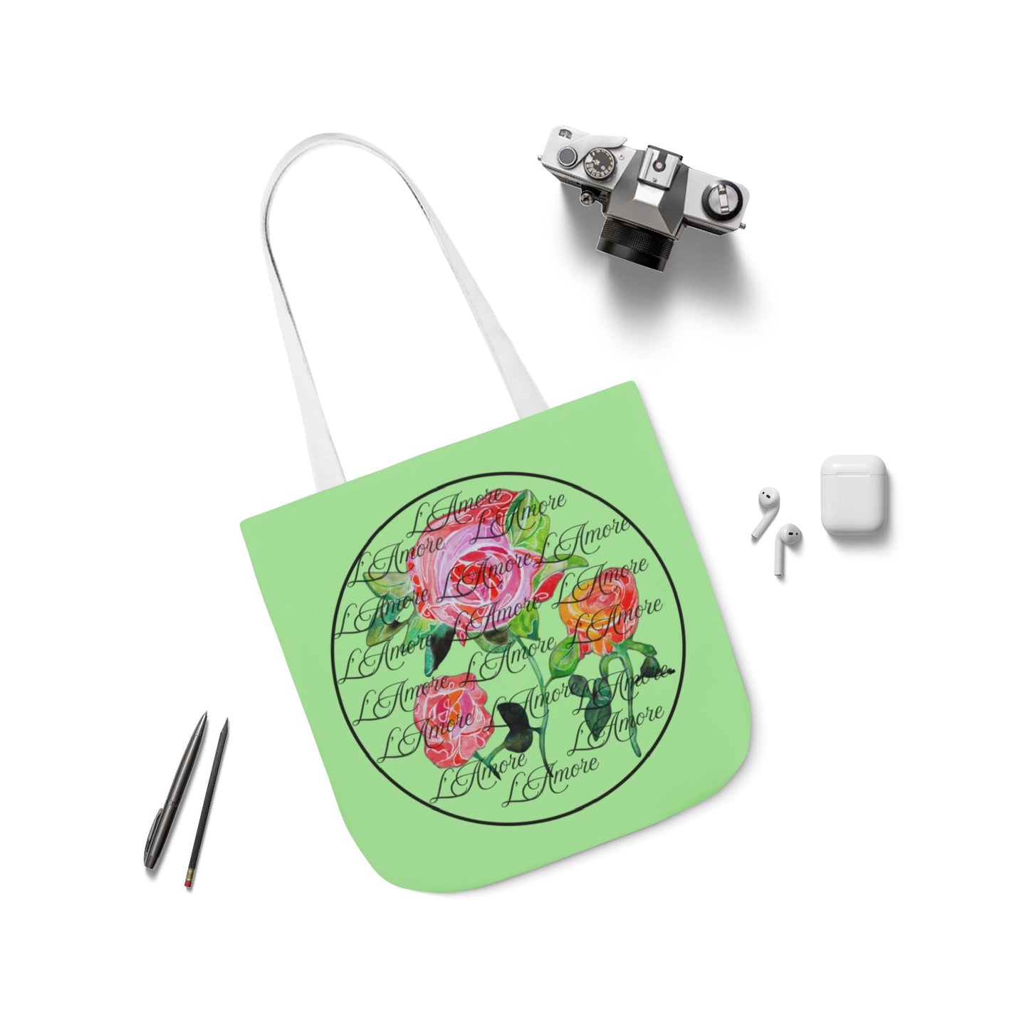 Canvas Tote Bag with Roses and L'Amore - Artmakeyourmark.com