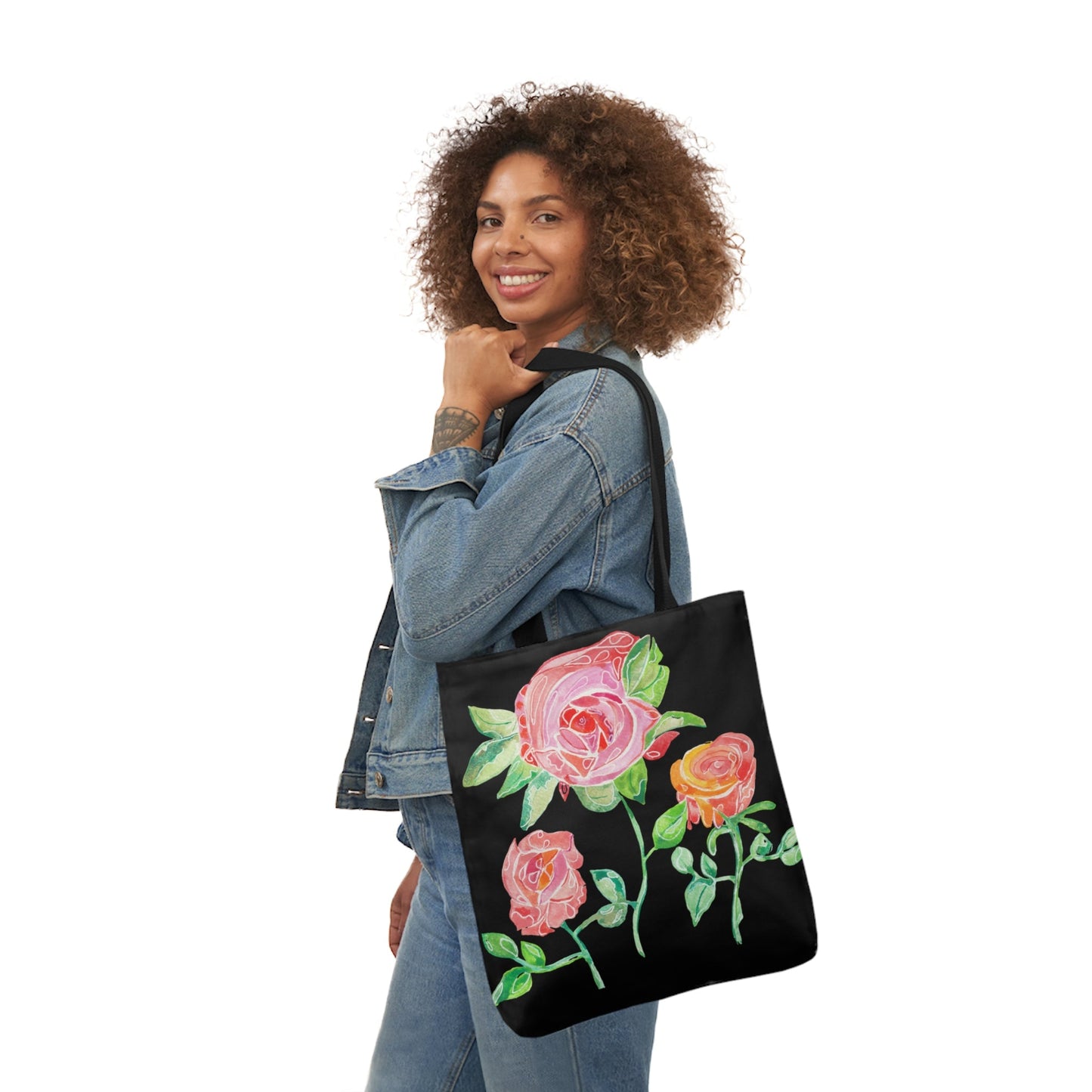 Canvas Tote Bag with Roses on Black Background - Artmakeyourmark.com