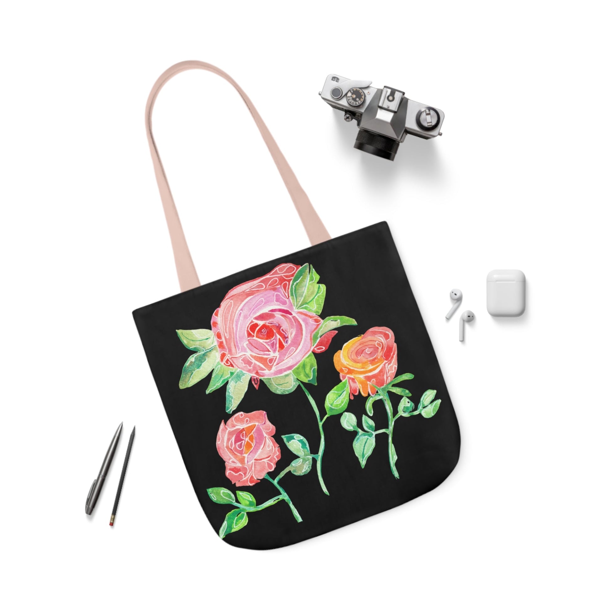 Canvas Tote Bag with Roses on Black Background - Artmakeyourmark.com