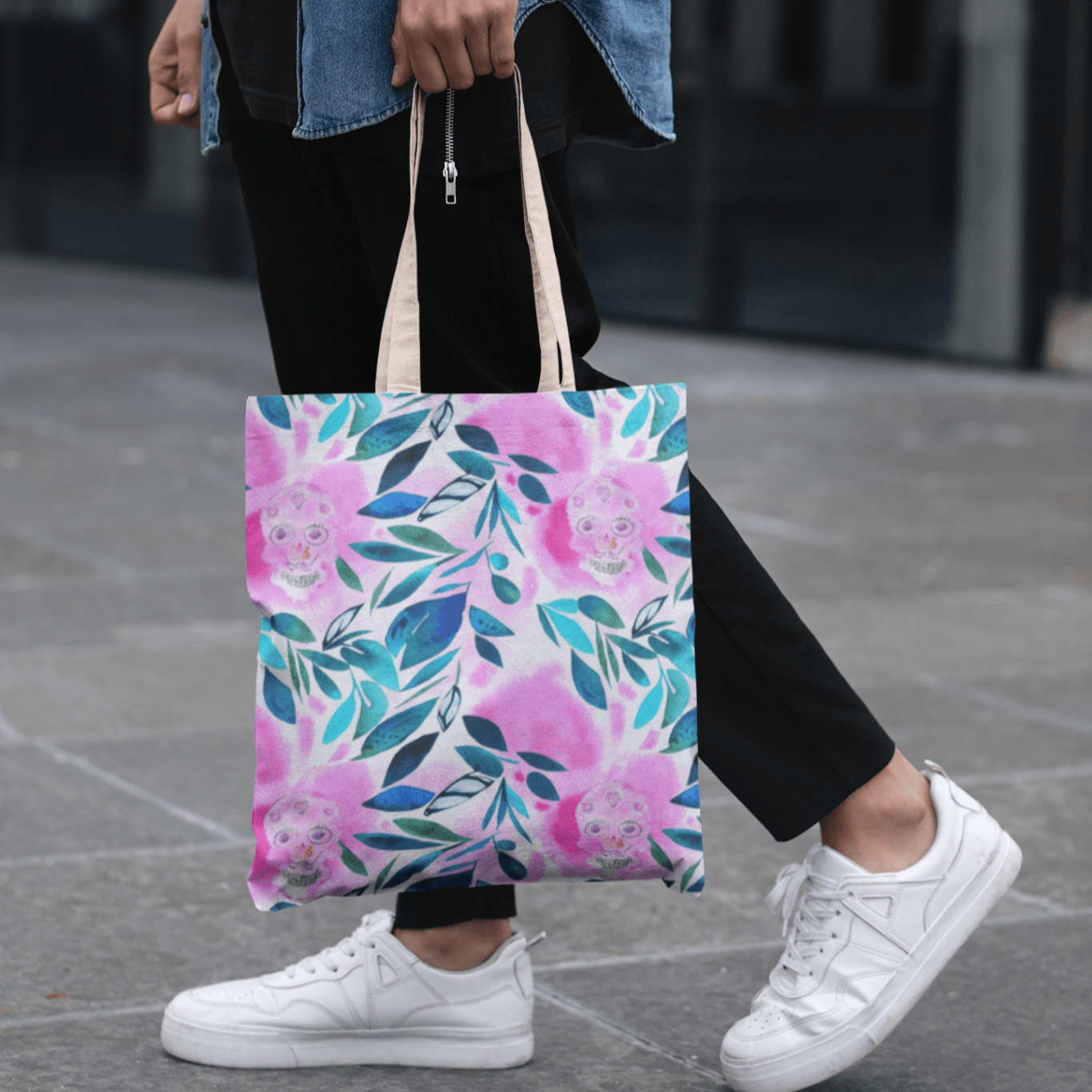 Canvas Tote Bag with Skulls and Floral Pattern - Artmakeyourmark.com