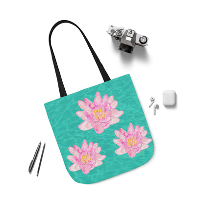 Canvas Tote Bag with Turquoise Water and Pink Waterlilies - Artmakeyourmark.com