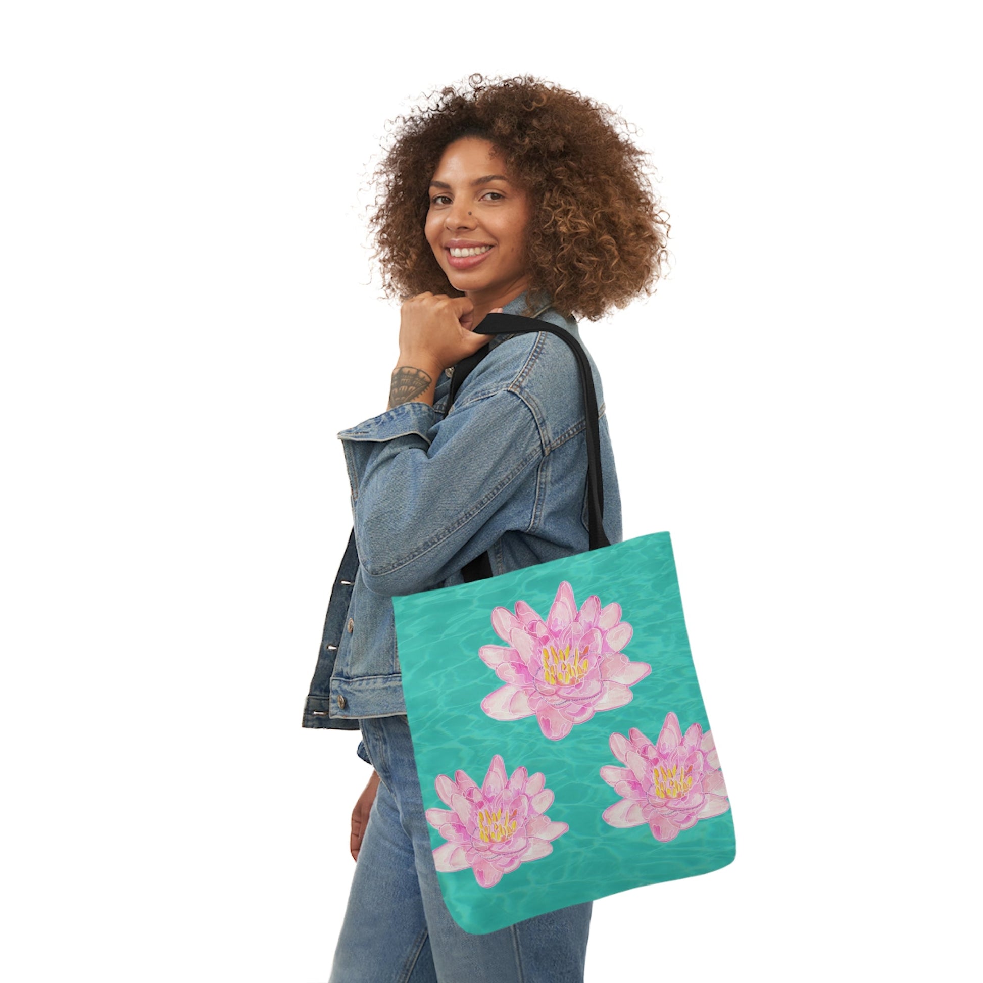 Canvas Tote Bag with Turquoise Water and Pink Waterlilies - Artmakeyourmark.com