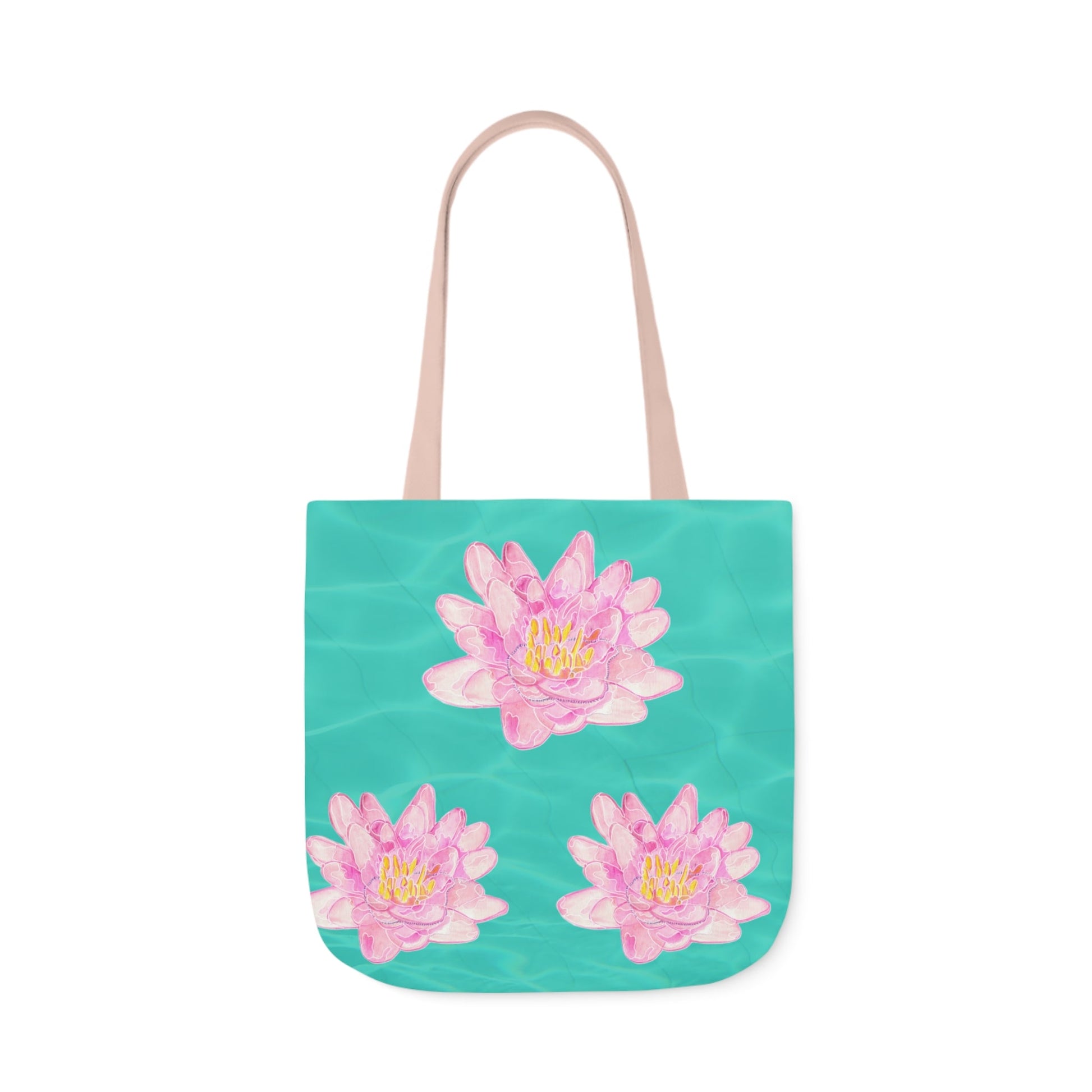 Canvas Tote Bag with Turquoise Water and Pink Waterlilies - Artmakeyourmark.com