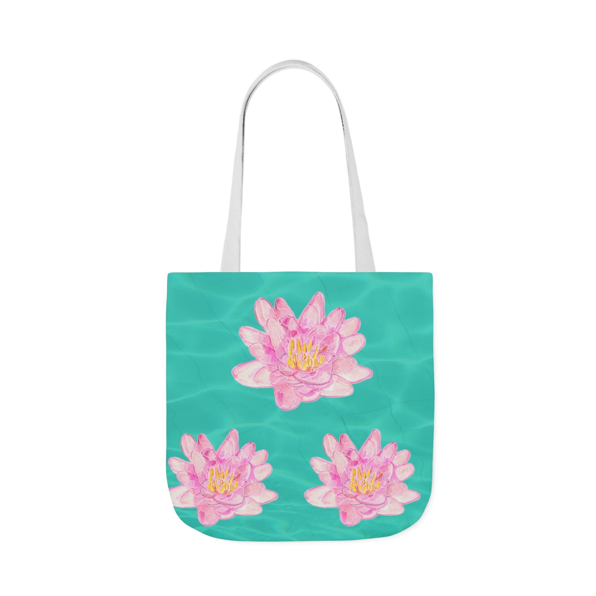Canvas Tote Bag with Turquoise Water and Pink Waterlilies - Artmakeyourmark.com