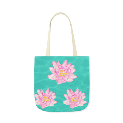 Canvas Tote Bag with Turquoise Water and Pink Waterlilies - Artmakeyourmark.com