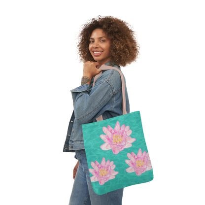 Canvas Tote Bag with Turquoise Water and Pink Waterlilies - Artmakeyourmark.com