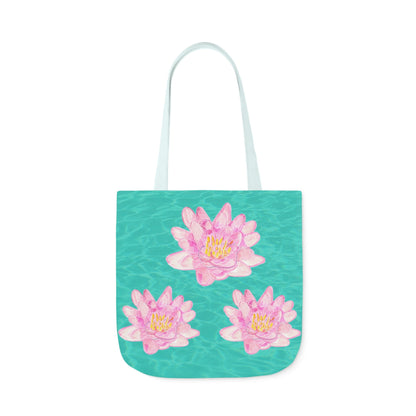 Canvas Tote Bag with Turquoise Water and Pink Waterlilies - Artmakeyourmark.com