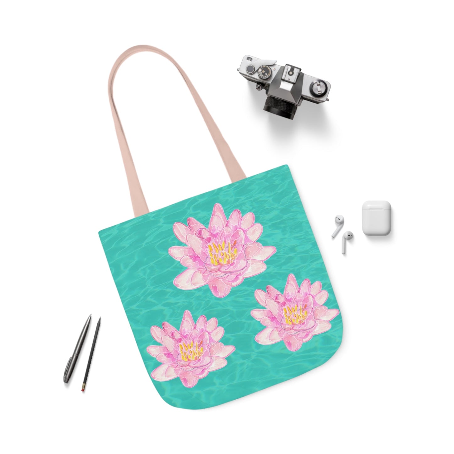 Canvas Tote Bag with Turquoise Water and Pink Waterlilies - Artmakeyourmark.com