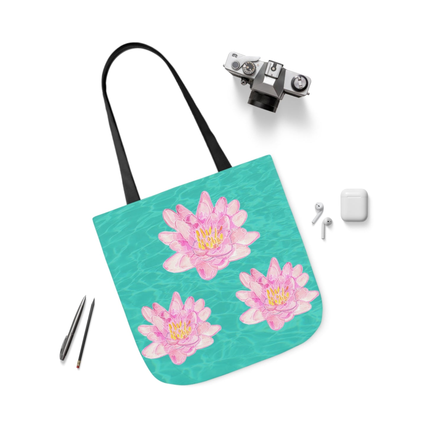 Canvas Tote Bag with Turquoise Water and Pink Waterlilies - Artmakeyourmark.com