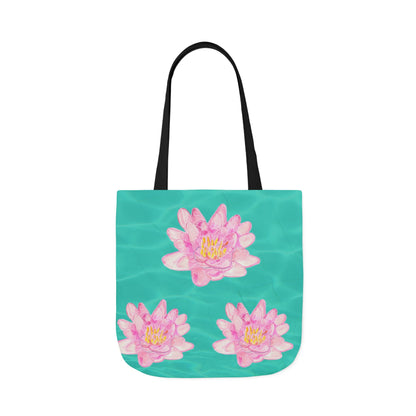 Canvas Tote Bag with Turquoise Water and Pink Waterlilies - Artmakeyourmark.com