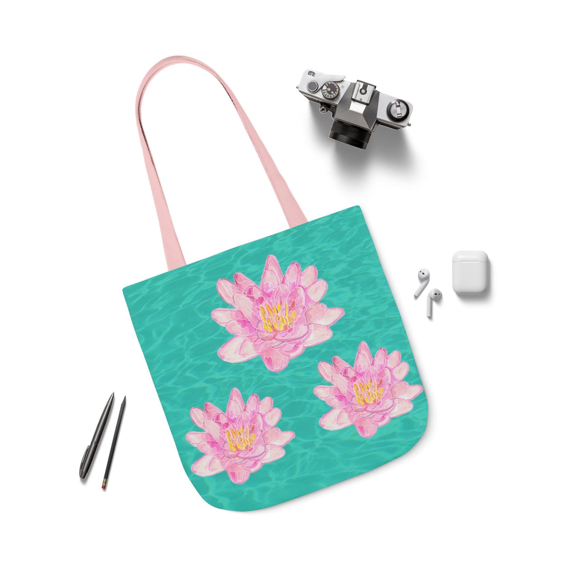 Canvas Tote Bag with Turquoise Water and Pink Waterlilies - Artmakeyourmark.com