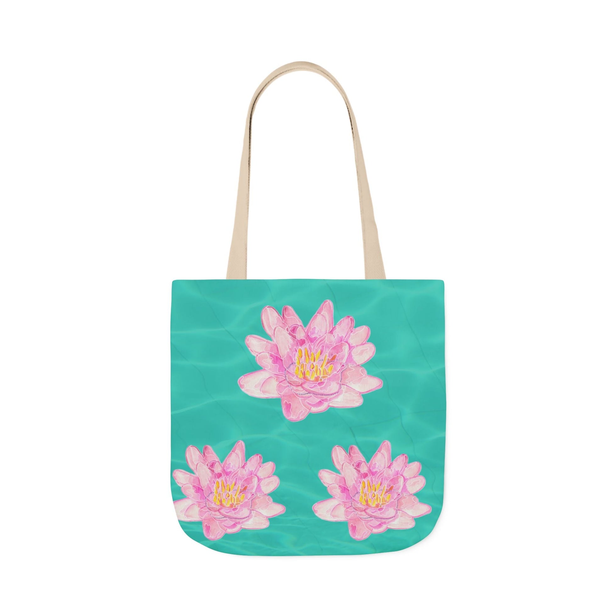 Canvas Tote Bag with Turquoise Water and Pink Waterlilies - Artmakeyourmark.com