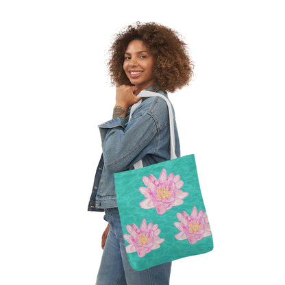 Canvas Tote Bag with Turquoise Water and Pink Waterlilies - Artmakeyourmark.com