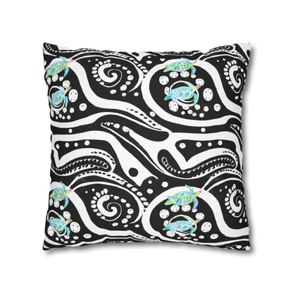 Cushion Cover with Blue Turtles on a Black and White Pattern - Artmakeyourmark.com