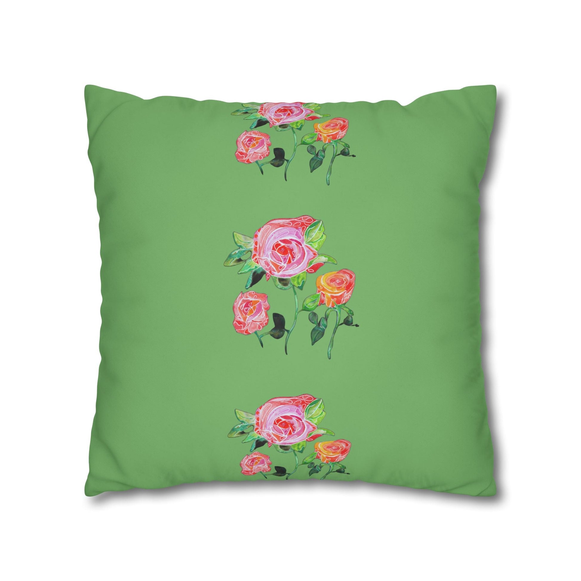 Cushion Cover with Gerard Roses on a Green Background - Artmakeyourmark.com