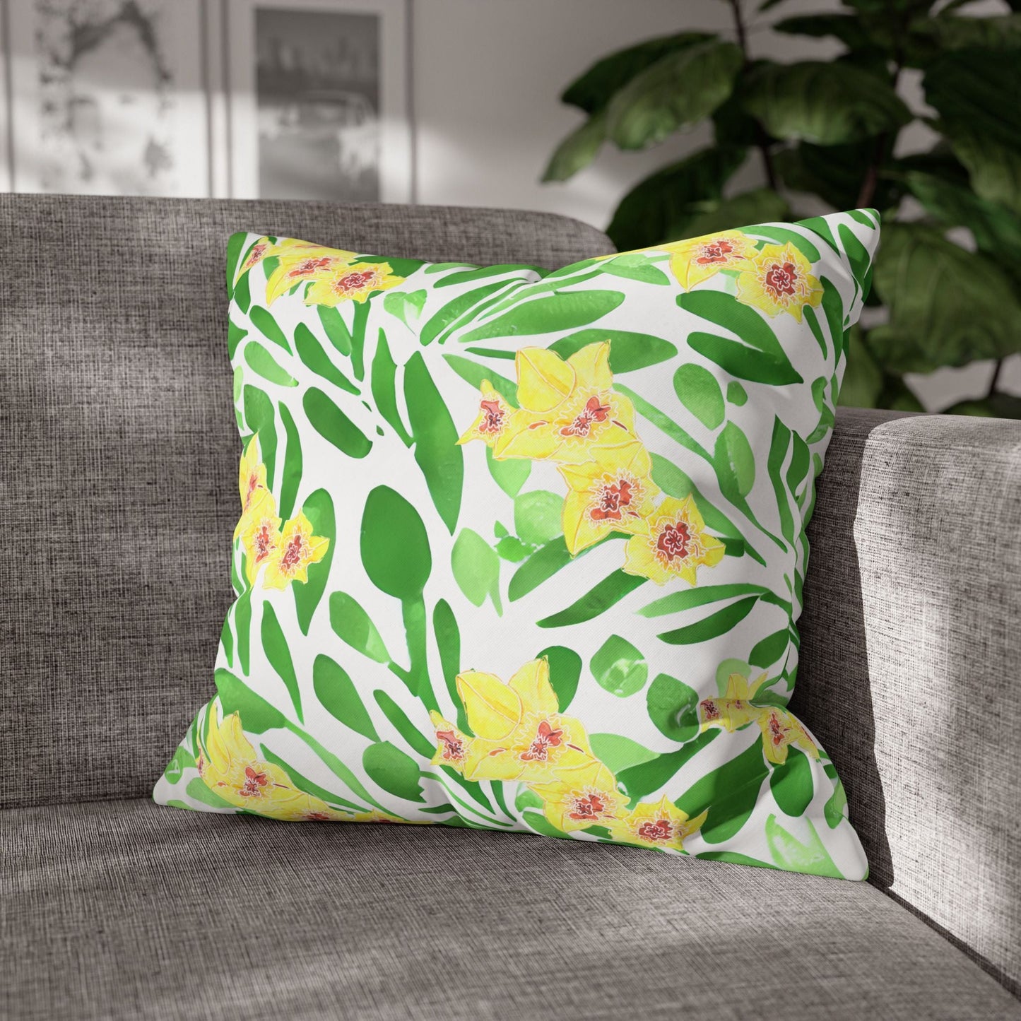 Cushion Cover with Green Leaves and Yellow Gladioli - Artmakeyourmark.com