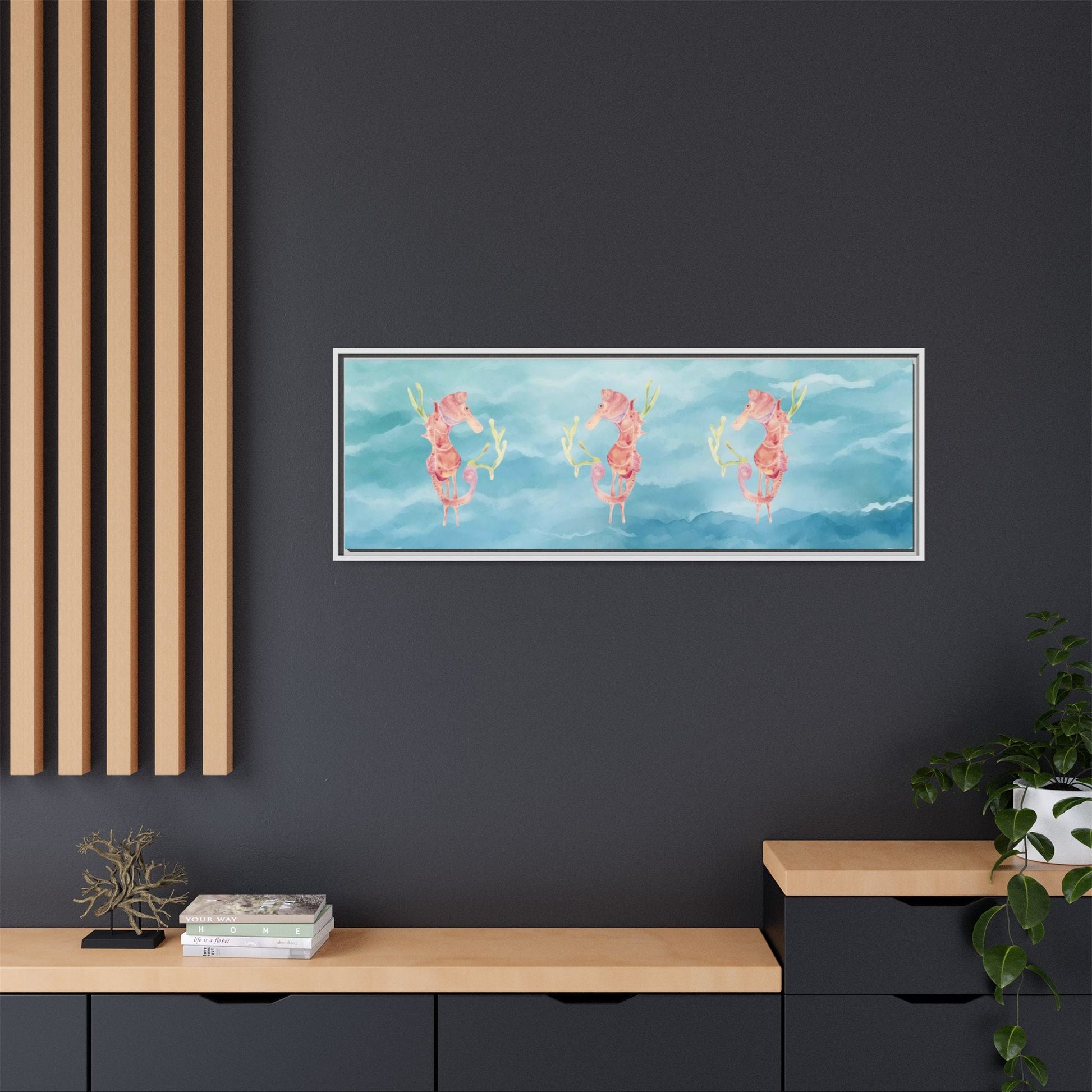 Framed Orange Seahorses on Turquoise Canvas - Artmakeyourmark.com